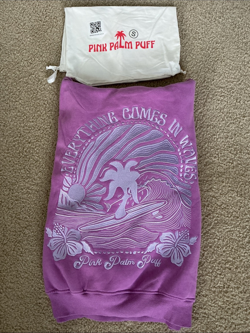 Pink Palm Puff Everything Comes in Waves Purple Hoodie Sweatshirt w/Bag - Size S